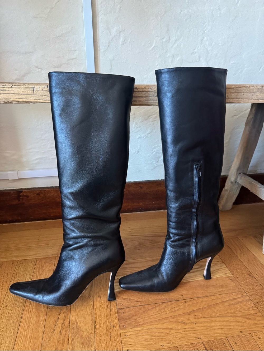STAUD Black Leather Pointed-Toe Knee Boots